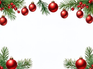 Festive decoration with red ornaments and evergreen branches creating a cheerful holiday border in a vibrant and inviting style