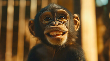 Portrait of a cute monkey with fluffy fur, expressive eyes, and funny face, sitting in nature, wild and free in a conservation park, showcasing the beauty of wildlife and adorable primate ape