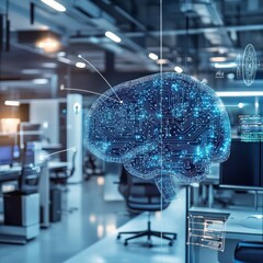 Obraz premium Innovative technology brain mapping modern office digital art high-tech environment close-up view artificial intelligence concept