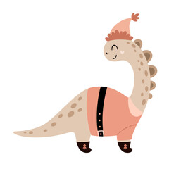 Christmas dinosaur clipart. Cute festive character. Hand draw vector illustration in flat style