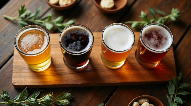 Degustaci&oacute;n de cervezas artesanales sobre mesa r&uacute;stica