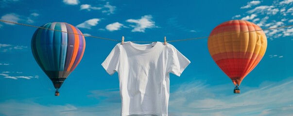 Fototapeta premium Mockup White T-shirt hanging on a clothesline strung between two hot air balloons.