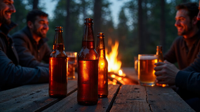 Botellas de cerveza en mesa de madera junto a fogata al aire libre