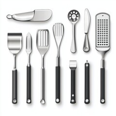 Fototapeta premium Stainless Steel Kitchen Utensil Set Spatulas Grater Grill Tools Cooking Equipment
