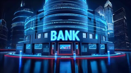 Futuristic bank building illuminated with neon lights and digital graphics. - Powered by Adobe