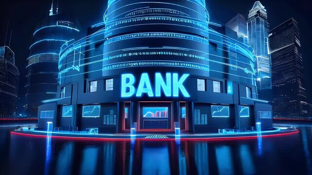 Futuristic bank building illuminated with neon lights and digital graphics. - Powered by Adobe