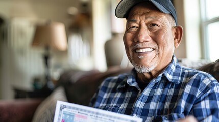 Fototapeta premium Senior man smiling joyfully as he receives a retirement payment check in a cozy living room, celebrating financial security and peaceful home life. 