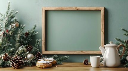 Cozy winter home interior&nbsp;with wooden frame on sage&nbsp;green wall, featuring Christmas&nbsp;decorations, pine branches, white ceramic kitchenware, and homemade pastry in&nbsp;Scandinavian style.