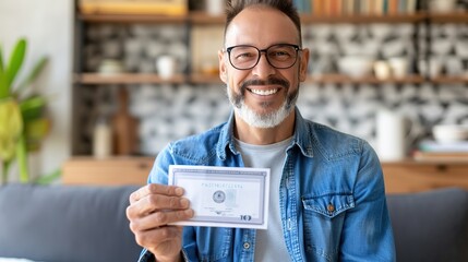 Senior man smiling joyfully as he receives a retirement payment check in a cozy living room, celebrating financial security and peaceful home life.
