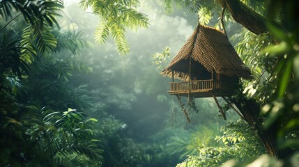 A tranquil treehouse nestled in a lush, misty jungle, inviting relaxation and adventure.