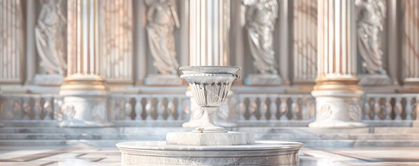 Obraz premium Empty short marble pedestal against a classical architecture backdrop. 4K close-up illustration.