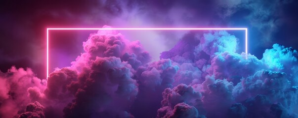 Trendy Background Design. Cloud Formation with Blue and Purple, Rectangle shaped Neon Frame.