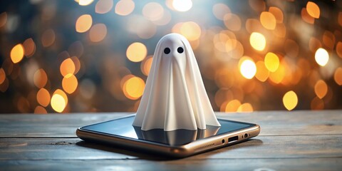 Ethereal White Ghost Emerging from Smartphone Amidst Bokeh Background, Representing Phishing Attacks and Unwanted Ads for a Spooky Halloween Postcard