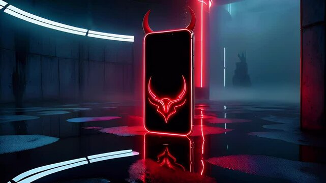 A futuristic smartphone with a glowing devil logo in a moody, illuminated environment.