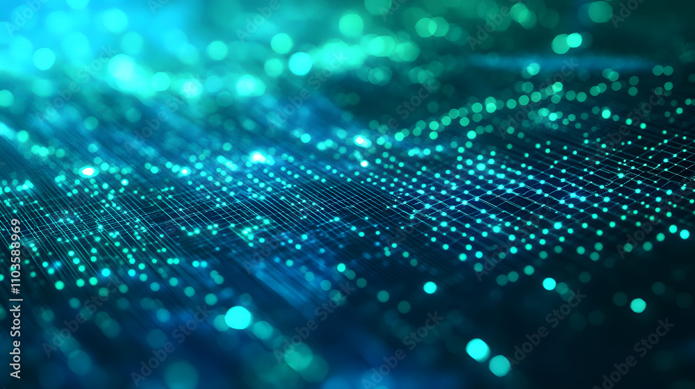 Poster abstract background of glowing teal nodes and lines forming a grid-like network. perfect for technol