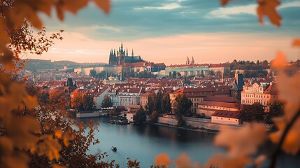 Fototapeta premium Historic Prague Castle and Vltava River framed by colorful autumn leaves during a warm sunset.