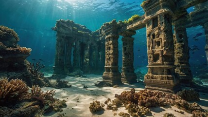 Sunlit underwater ruins, ancient pillars surrounded by coral reef and sandy seabed.
