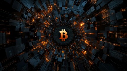 A digital vortex featuring the Bitcoin symbol, surrounded by glowing elements, representing the dynamic world of cryptocurrency.