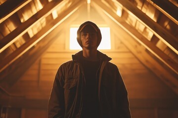 Individual in Protective Gear in Dimly Lit Attic