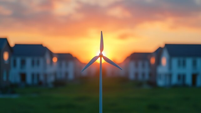 A wind turbine is silhouetted against a vibrant sunset, with modern homes in the background, highlighting renewable energy and residential living.