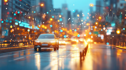 A futuristic car navigates a busy city street at night, surrounded by glowing lights and digital interface elements suggesting advanced technology.