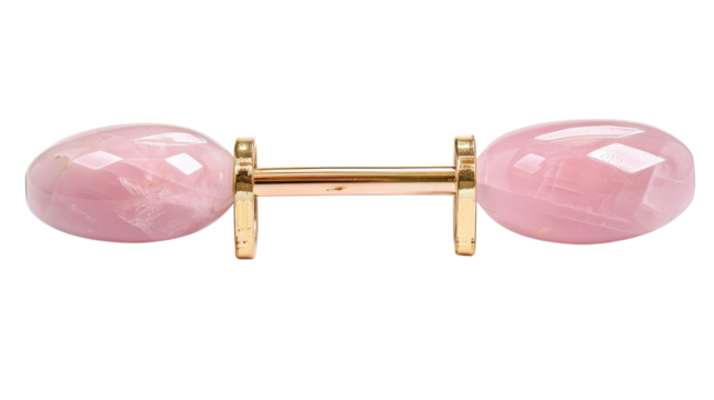 Elegant rose quartz facial roller with gold accents displayed on a clean white background.