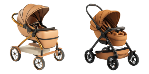 Baby cart stroller isolated on transparent background, Set of