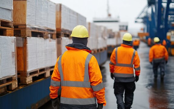 Workers in safety gear walk through a shipping yard, surrounded by stacked pallets, under overcast skies.