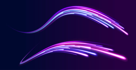 Magic bright shine glow of energy lines, shiny swirl power waves flow, electric trail glowing in dark background. Effect, png, wave,neon,line, speed, wavy.  Abstract neon light motorway background. 