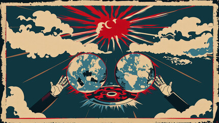 stylized Art Deco poster portraying the nuclear arms race. Two towering figures--each representing a nation--stand on either side of a globe, their fingers poised above red launch buttons.