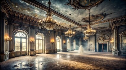 Obraz premium Faint Footprints in the Dusty Floor of a Forgotten Ballroom with Swaying Chandeliers - A Hauntingly Beautiful Conceptual Photography Scene