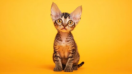 Obraz premium Playful Brown Tabby Devon Rex Kitten on Yellow Background