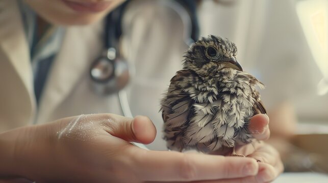 Close-up of veterinarian examining a sick bird with a stethoscope, bird perched on sterile examination table, focusing on attentive face and delicate feathers.
