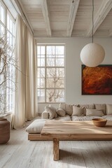Modern Japani interiors in living rooms with sofas and large art frames. Generative AI
