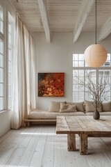 A living room with windows and art frames and sofa and pendant lighting with a combination of Scandinavian and japandi interiors. Generative AI
