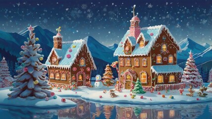 Enchanting gingerbread village nestled in snowy mountains at night, reflecting in a calm lake.