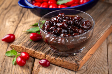 Jars with freshly homemade cherry jam, sour cherry jam, Turkish name; Visne receli
