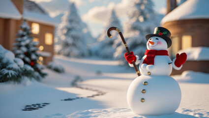 Obraz premium Snowman stands cheerfully in a winter wonderland with snow-covered trees and houses during a sunny day