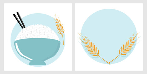 Rice bowl, chopsticks, rice plant sign vector.
