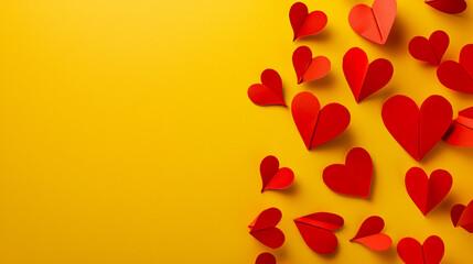Red paper hearts against a yellow background for Valentine�s Day.