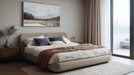 A relaxing bedroom with a beige upholstered bed, a chunky knit throw blanket, and a minimalistic landscape painting above the headboard.