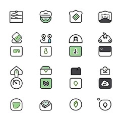 Collection of minimalist icons featuring various symbols in green and black.