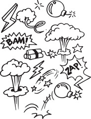 Hand drawn explosion, bomb, smoke element doodle sketch