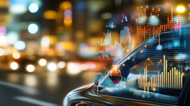 A car navigates a city street, with colorful digital graphs and data overlays indicating advanced technology and real-time analysis in an urban setting.