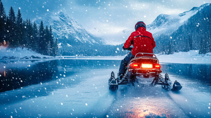 A man rides a snowmobile across an ice lake in winter, with mountains and a forest in the background