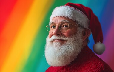 Naklejka premium classic santa close-up portrait christmas new year rainbow background 