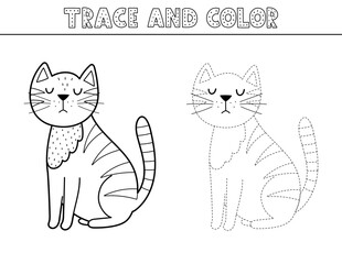 Trace and color game for kids with a cute cat. Black and white activity page with a funny feline animal. Great for coloring book. Vector illustration