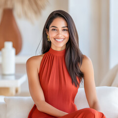 Naklejka premium A smiling Indian woman in a flowing, red dress sitting on a sofa.
