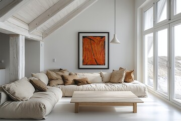 A living room photo of a combination of Scandinavian interiors and japandi interiors in a living room with a window view and sofa and table. Generative AI
