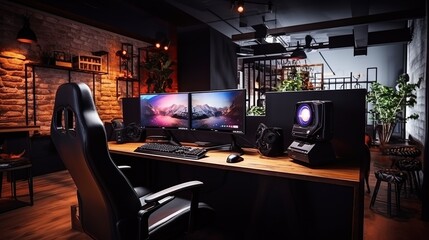 Professional gamer room at workplace with personal computer gaming chair, space concept for gamers